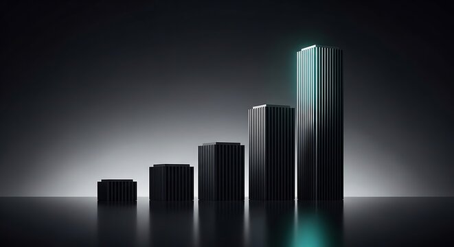 Metallic building blocks ascending in height, representing growth on a dark, reflective surface