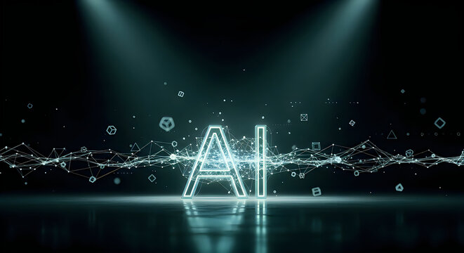 Glowing artificial intelligence letters stand illuminated by spotlights in this modern digital technology conceptual art photograph