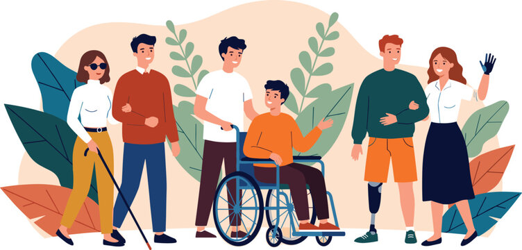 Diverse disabled people with friends support and inclusion group of disabled characters flat vector concept illustration