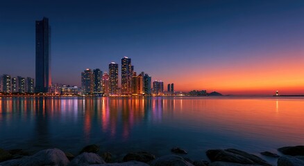Fototapeta premium City skyline at dusk, illuminated buildings reflecting on calm water, serene