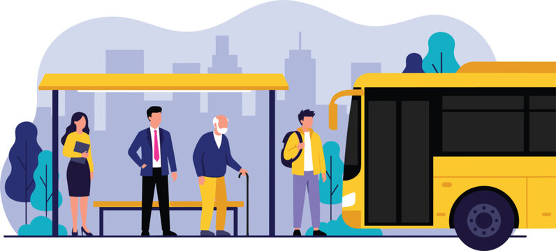 People and diverse passengers waiting at a modern city bus stop station terminal for public transport commute vector illustration.