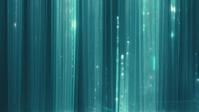Glowing teal light strands fall like rain, sparkling with digital magic.