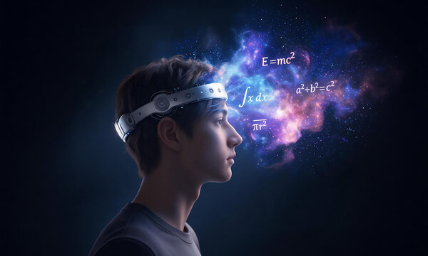Young man wearing futuristic headset visualizing science equations and math formulas in cosmic nebula cloud, mind power and artificial intelligence concept