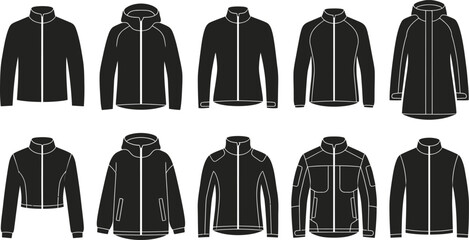 Jacket Vector Silhouette Set Featuring Ten Black Outerwear Designs Including Hooded Zip Up Sport Casual Winter Windbreaker Fashion Collection Styles © RONY CHANDRA ROY