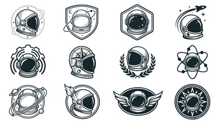 Collection of astronaut helmet emblems and badges, space exploration symbols. © Tuju