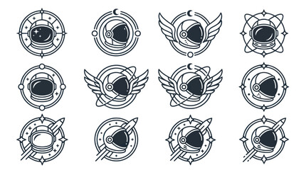 Collection of astronaut helmet emblems and icons in a line art style. © Tuju