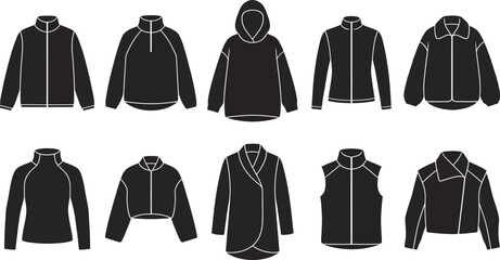 Set of ten isolated black vector outerwear jacket silhouettes, featuring fleece pullover, oversized hoodie, teddy coat, cropped, vest, cardigan, and moto styling clothing templates. © RONY CHANDRA ROY