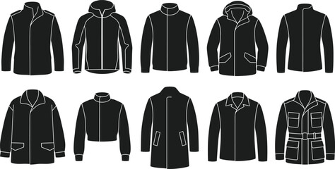 Set of ten isolated black vector jacket and coat silhouettes, featuring field jacket, parka, windbreaker, overcoat, and cropped outerwear apparel fashion clothing design templates. © RONY CHANDRA ROY