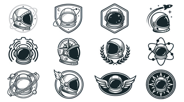 Collection of astronaut helmet emblems and badges, space exploration symbols.