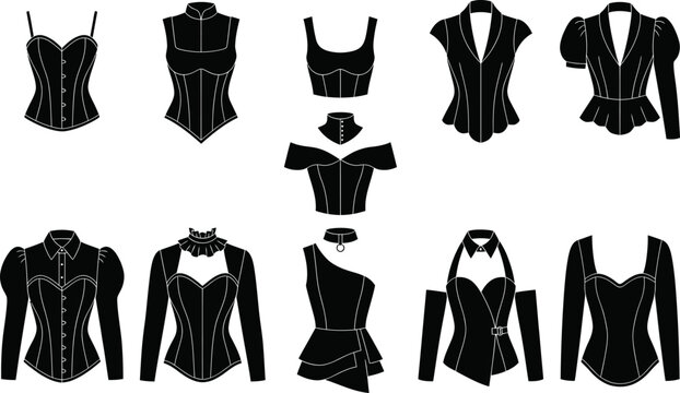 Set of ten isolated black vector women corset silhouettes, featuring bustier, crop top, peplum, puff sleeve, off shoulder, and asymmetric fashion blouse clothing templates.