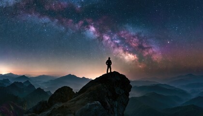 Fototapeta premium Lone figure surveys a vast, star-filled sky from a mountain peak