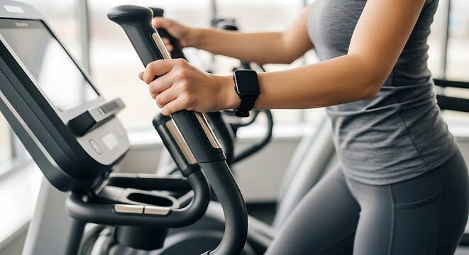 Mid-section shot of a person using an elliptical machine at a gym