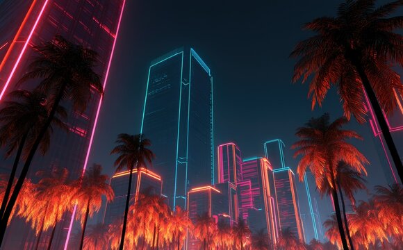 Futuristic cityscape with neon lights and palm trees at night