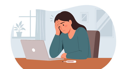 Obraz premium Young Woman Feeling Sick at Home with Laptop and Thermometer