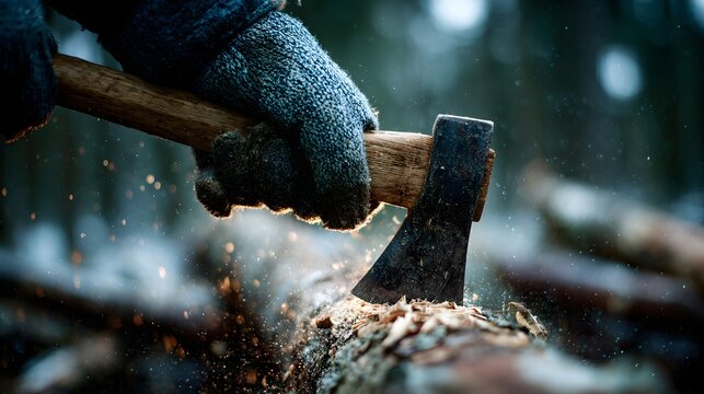 Chopping wood with an axe