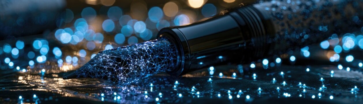 Close-up of a fountain pen tip spilling glittering blue particles amidst soft blue and golden bokeh lights
