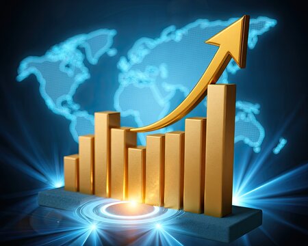 Golden bar graph with upward arrow and glowing world map background