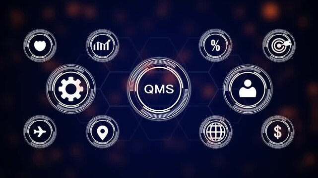 Digital infographic displaying interconnected circular for QMS, growth, travel, and finance on a dark blue bokeh background