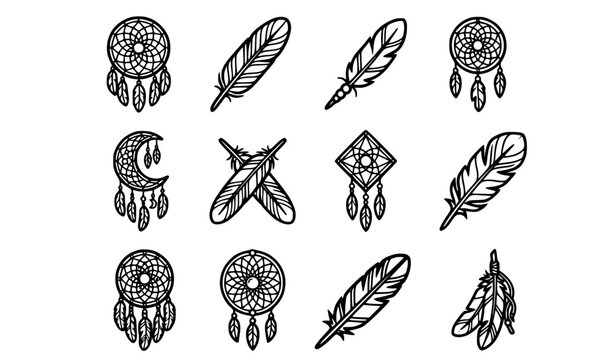Dreamcatchers and feathers bohemian vector icon set with simple bold line art classic complete native american talisman mandala web crescent and cosmic protection clip art black and white