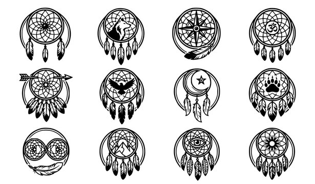 Clean line art dreamcatcher emblem vector set with classic bold boho badge single feather tribal protection mandala web and sweet retro mystical graphics for apparel