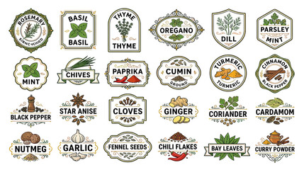 Obraz premium Herbs and Spices Collection Labels - Culinary Ingredients for Cooking and Seasoning