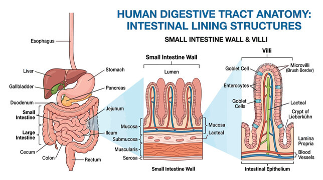 Human Digestive Tract Anatomy: Small Intestine Wall and Villi Microscopic Structure