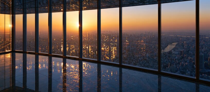 Panoramic sunset view from skyscraper interior reflecting golden light onto the floor