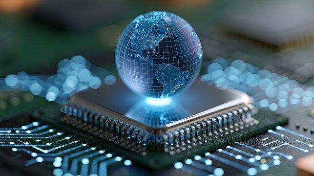 Futuristic holographic globe hovering above a complex computer chip
