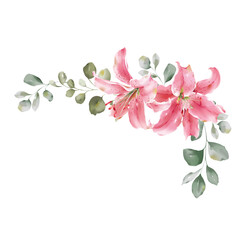 Naklejka premium Minimalist watercolor illustration of pink Lilium Sorbonne framed by green eucalyptus branches