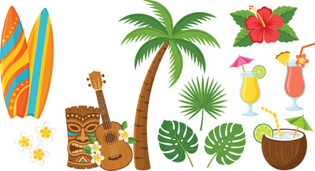 Tropical hawaiian beach vacation elements set with surfboards palm tree ukulele tiki mask flat vector illustration © MdEajdani