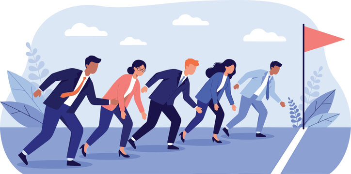 Business people at starting line ready to run race concept of rivalry career flat vector illustration
