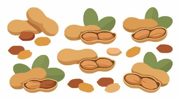 Design a modern flat vector illustration featuring peanuts isolated on a solid white background. Display multiple peanuts in various forms including whole shells, cracked shells, exposed kernels, pair