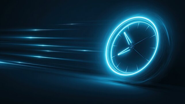Neon clock glowing bright blue, streaking forward with light trails