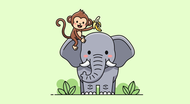 Cute cartoon monkey riding an adorable elephant holding a banana.