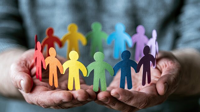 Diverse paper people holding hands in a circle, supported by cupped hands