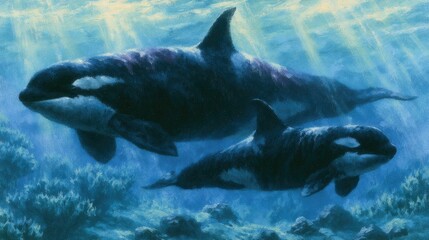 Fototapeta premium Two orcas, a large adult and a smaller juvenile, swim in clear blue ocean waters