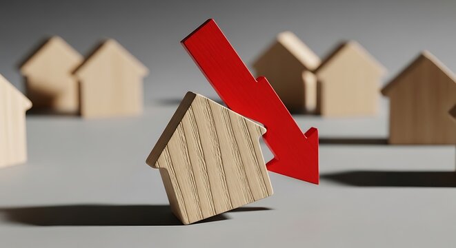 Miniature houses with a red arrow pointing down, symbolizing economic downturn or decline