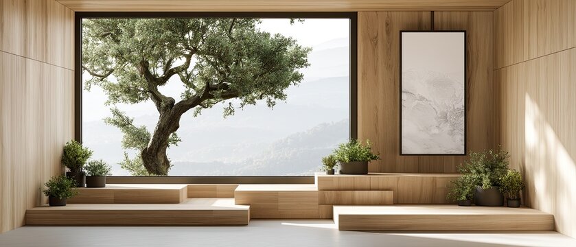 Minimalist interior with a large window framing a tree and distant mountains
