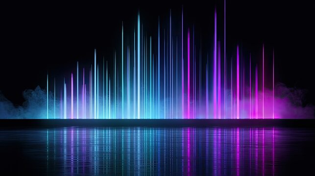 Vibrant neon light streaks ascend from a reflective, smoky surface