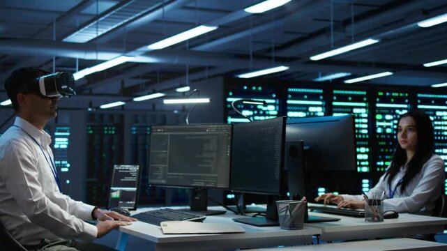 IT worker uses a VR headset for server maintenance in a server farm, supporting network security, data protection and reliable infrastructure management
