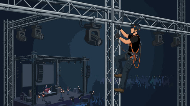 2D Flat Vector Stage technician working on concert lighting rig at night with band performing below