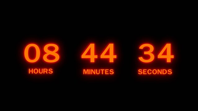 Digital countdown clock showing eight hours forty four minutes thirty four seconds glow.