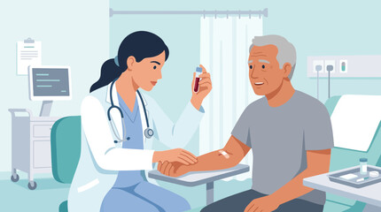 Fototapeta premium Doctor taking blood sample from a male patient in a hospital room for medical test