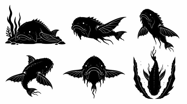 Coelacanth fish silhouettes set in various swimming poses, ocean icons