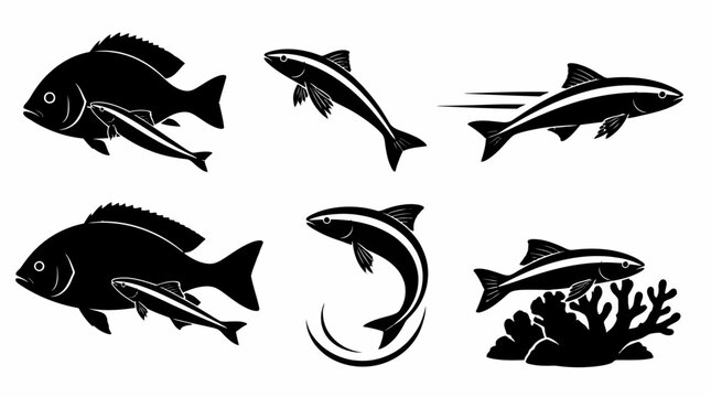 Remora fish silhouettes in various swimming poses on white background