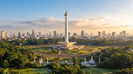 Obraz premium Monas National Monument in Jakarta, Indonesia, at Sunrise with City Skyline