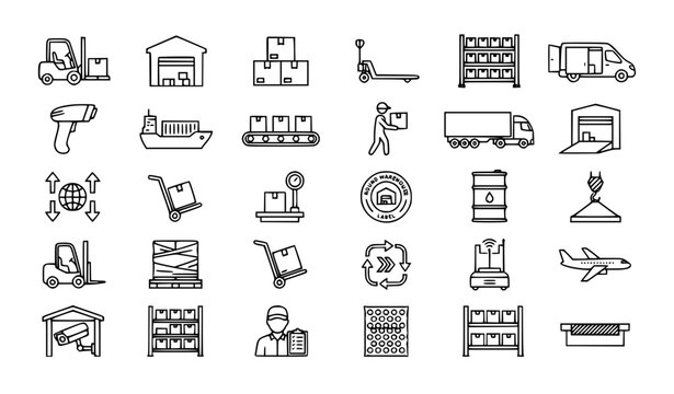 Set of warehouse, logistics, and supply chain line art icons.