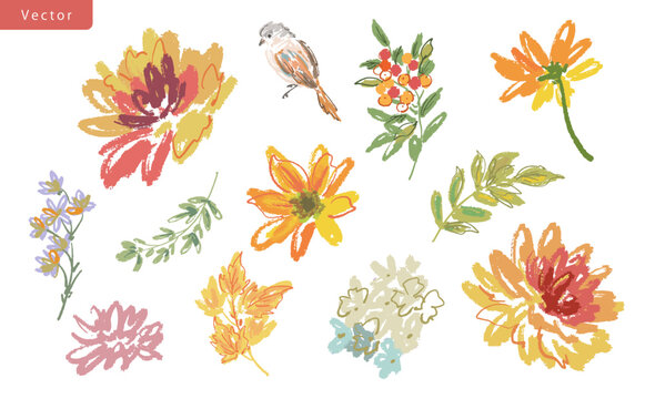 Hand-painted doodle style autumn botanical vector clipart set featuring dahlias, autumn leaves, berries, and birds for stationery, greeting cards, and surface design.