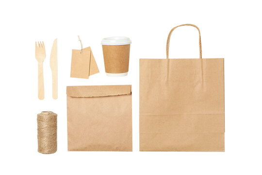 Brown paper takeout bags and cups, isolated on white, PNG