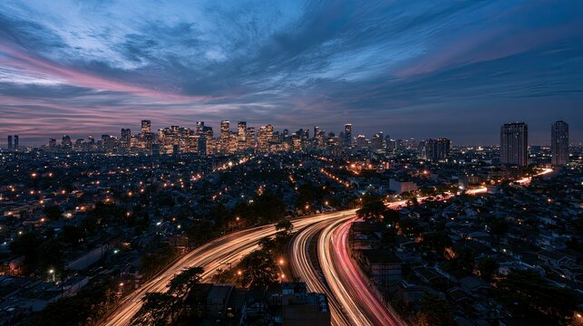 Dusk highway lights streak past sprawling city buildings under a vibrant, cloudy sky